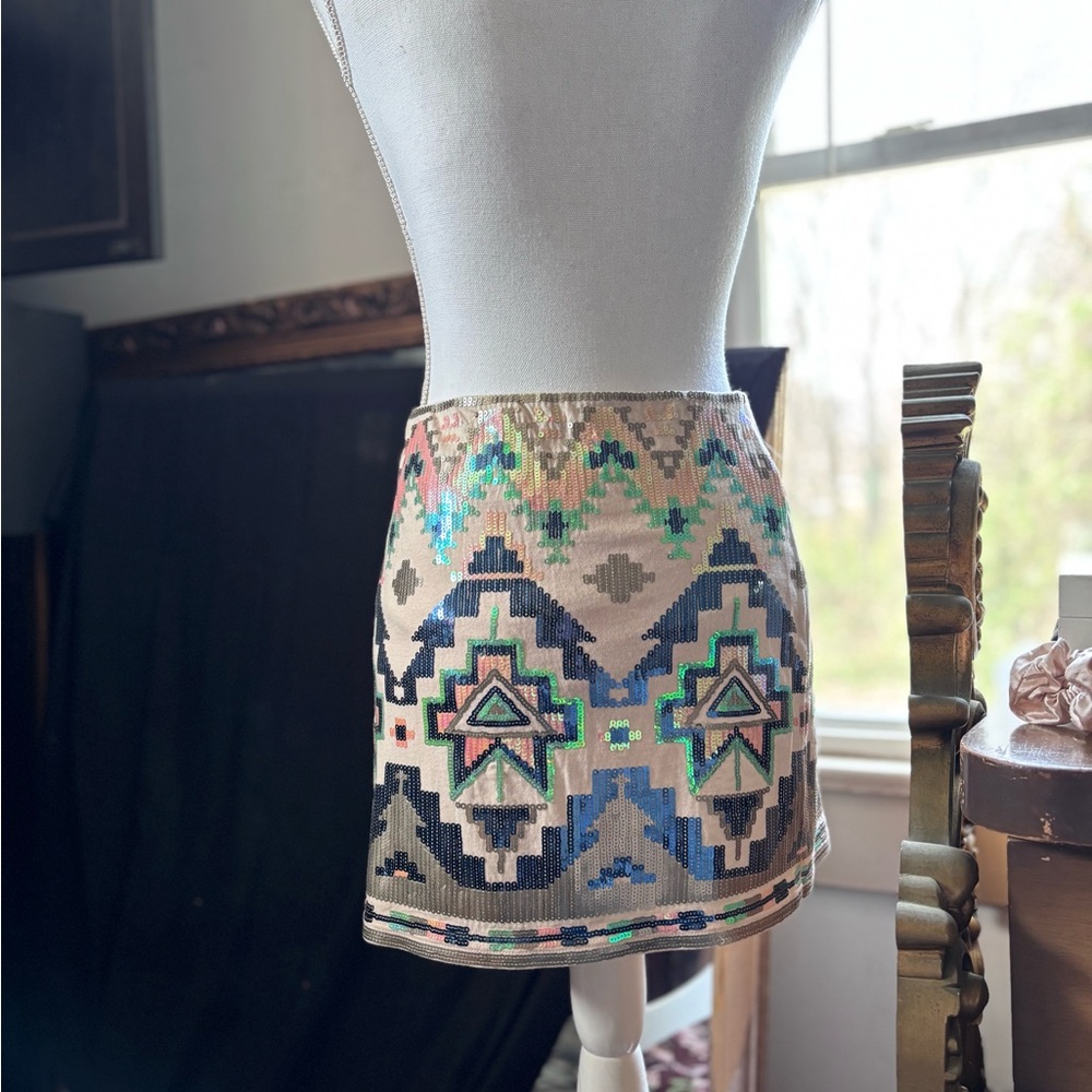 Express Sequin Geometric Mini Skirt - Pink, Blue & Green
